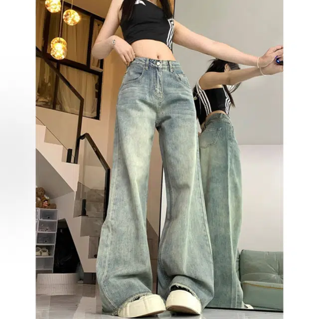 么宁 美式高街复古毛边设计感高腰阔腿裤宽松显瘦直筒拖地裤子做旧简约舒适牛仔裤 女款