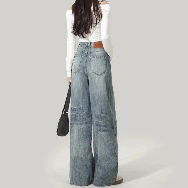 么宁 美式高街复古慵懒感高腰宽松阔腿裤不贴肉遮肉显瘦显腿直直筒百搭镰刀裤牛仔裤 女款