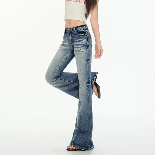 么宁 么宁加绒加厚保暖水洗磨白微喇叭马蹄裤高腰显高显瘦小个子显腿长甜酷风辣妹牛仔裤 女款