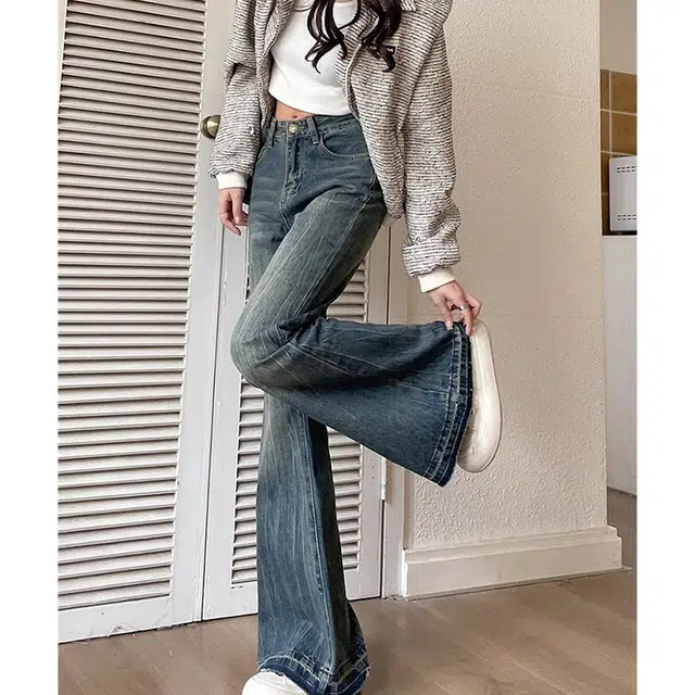 么宁 美式复古高腰设计感显瘦马蹄裤微喇叭裤女牛仔裤 女款