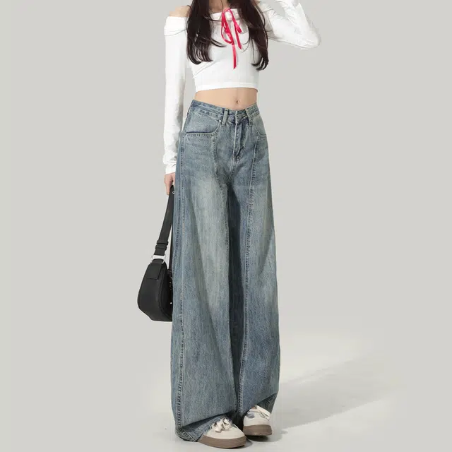 么宁 美式高街复古慵懒感高腰宽松阔腿裤不贴肉遮肉显瘦显腿直直筒百搭镰刀裤牛仔裤 女款
