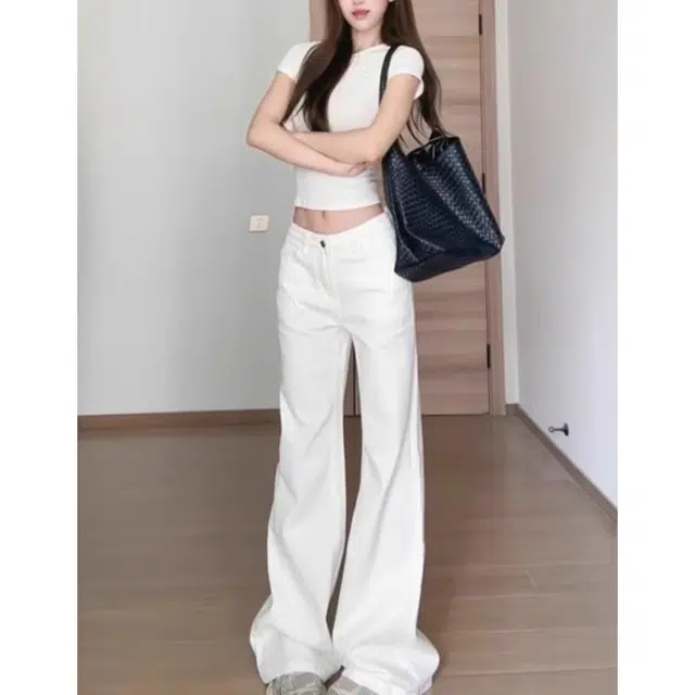 么宁 微喇叭复古时尚辣妹低腰修身显瘦直筒长裤子牛仔裤 女款