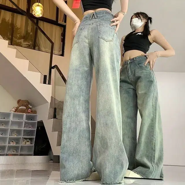 么宁 美式高街复古毛边设计感高腰阔腿裤宽松显瘦直筒拖地裤子做旧简约舒适牛仔裤 女款