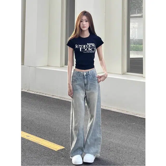 么宁 复古毛边高腰阔腿美式高街宽松显瘦直筒拖地裤子牛仔裤 女款