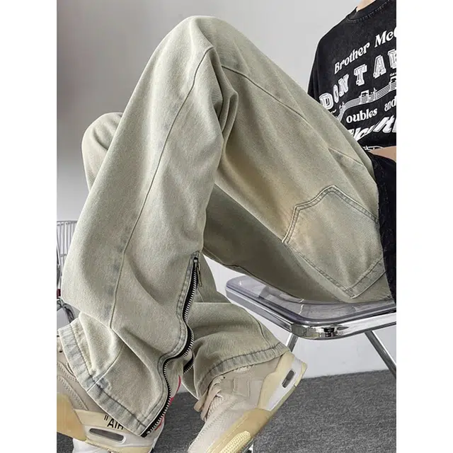 么宁 水洗拉链开叉美式复古宽松牛仔裤 男女同款