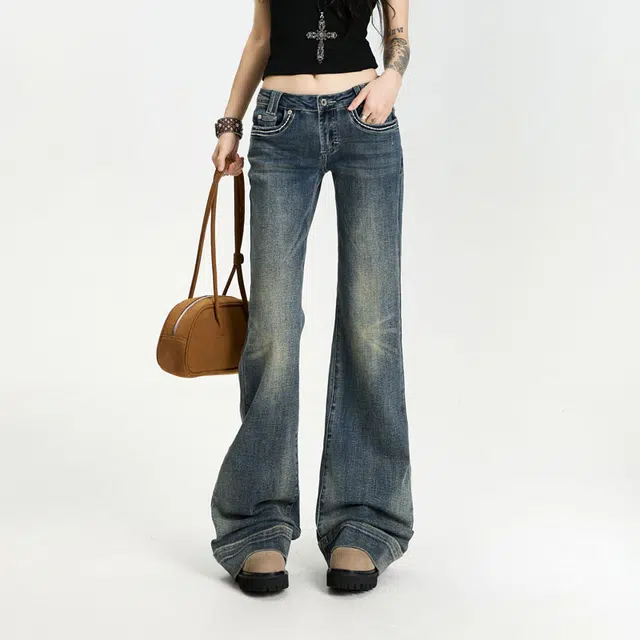 么宁 美式加绒加厚保暖水洗复古微喇叭马蹄裤高腰显高显瘦小个子显腿长甜酷风辣妹牛仔裤 女款