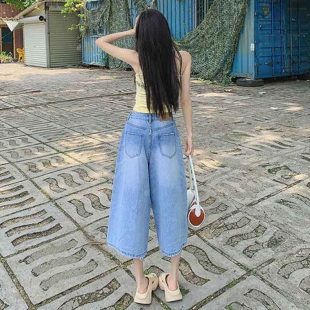 么宁 复古松弛感宽松阔腿百搭垂感慵懒七分裤牛仔短裤 女款