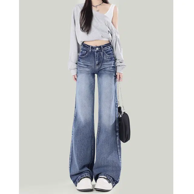 么宁 复古蓝不贴腿微喇叭裤宽松阔腿不贴腿垂感长裤子直筒百搭折痕设计感牛仔裤 女款