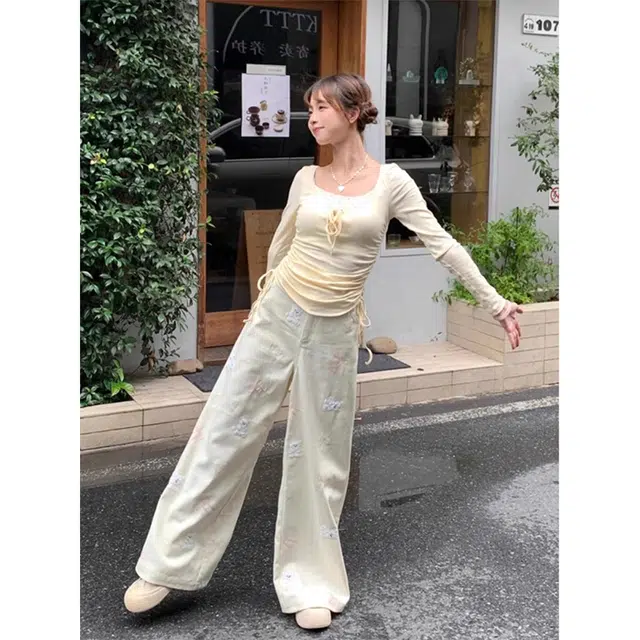 么宁 美式复古高腰宽松阔腿高级感百搭牛仔裤 女款 米杏色