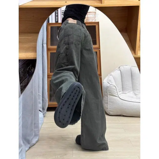 么宁 绿色阔腿工装微喇美式高腰宽松显瘦垂感拖地裤子牛仔裤 女款