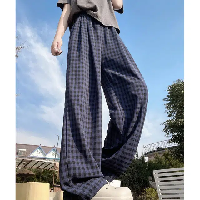 依钗 韩系慵懒透气格子阔腿裤设计感休闲裤 女款