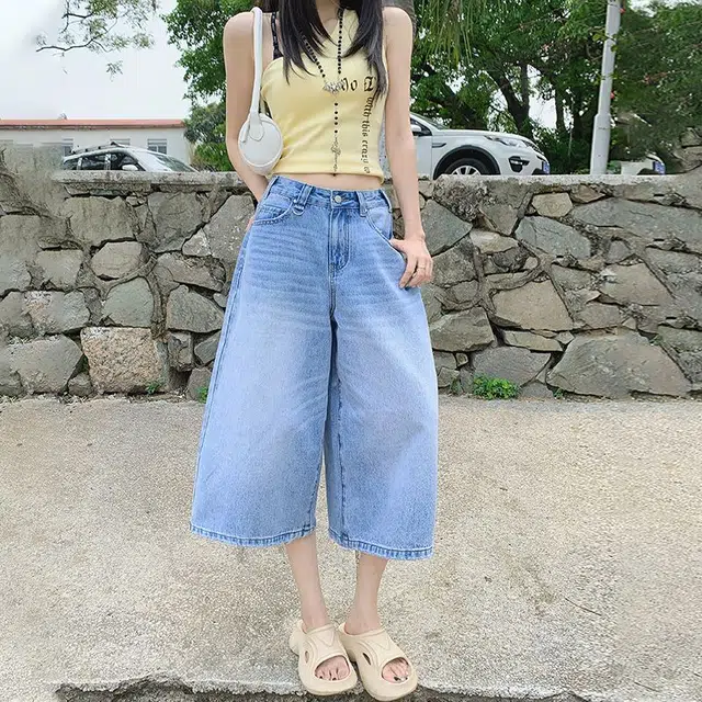 么宁 复古松弛感宽松阔腿百搭垂感慵懒七分裤牛仔短裤 女款