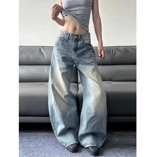 么宁 美式复古高街竹节纹做旧弯刀直筒微喇廓形长裤子牛仔裤 女款