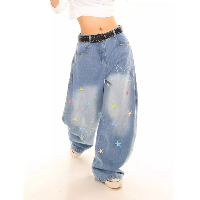 么宁 美式复古星星刺绣宽松阔腿水洗做旧廓形弯刀裤牛仔裤 女款