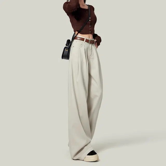 么宁 阔腿高腰小个子宽松遮肉显瘦超长拖地裤休闲百搭牛仔裤 女款 流光杏