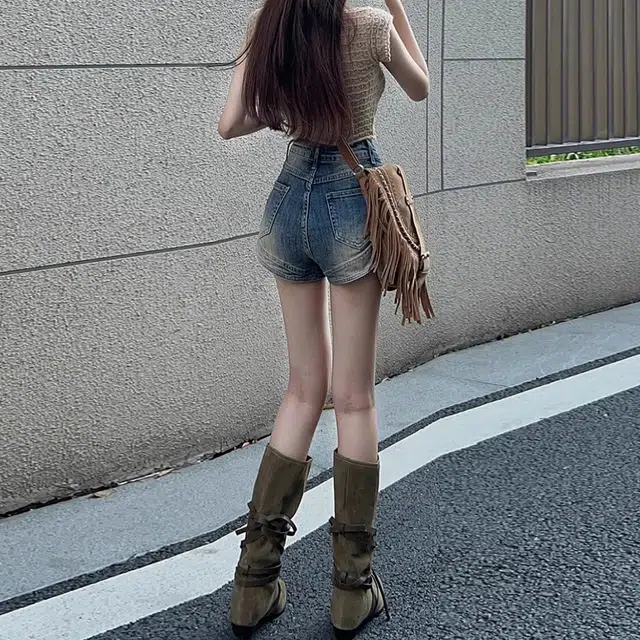 么宁 美式紧身显瘦超短款辣妹热裤子牛仔短裤 女款 复古蓝