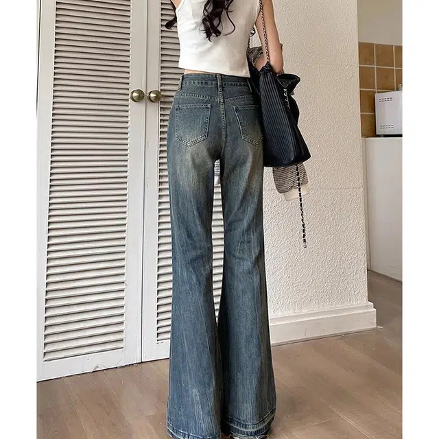 么宁 美式复古高腰设计感显瘦马蹄裤微喇叭裤女牛仔裤 女款