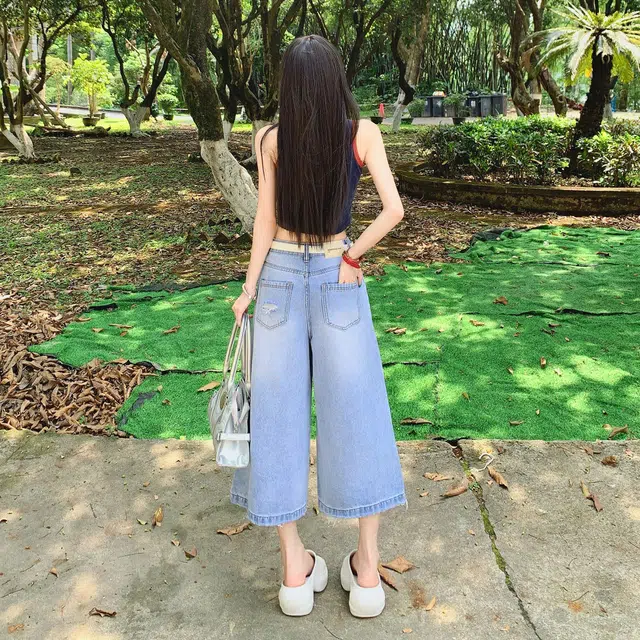么宁 设计感破洞休闲时尚潮流百搭宽松毛边七分中裤牛仔短裤 女款