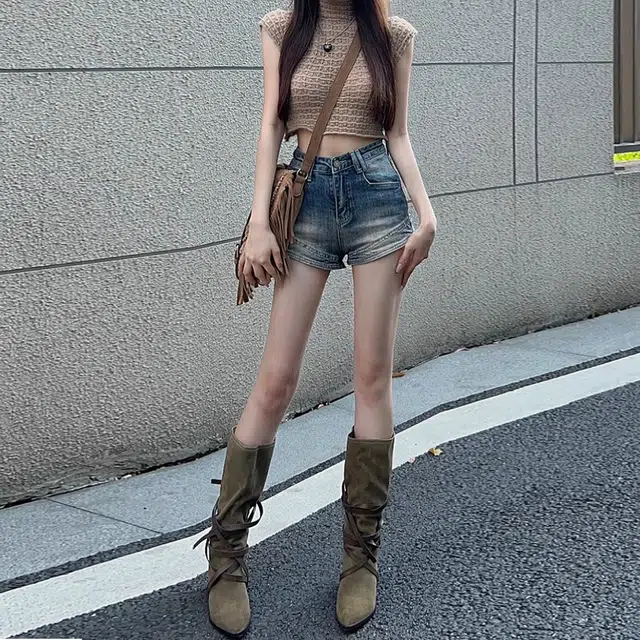 么宁 美式紧身显瘦超短款辣妹热裤子牛仔短裤 女款 复古蓝