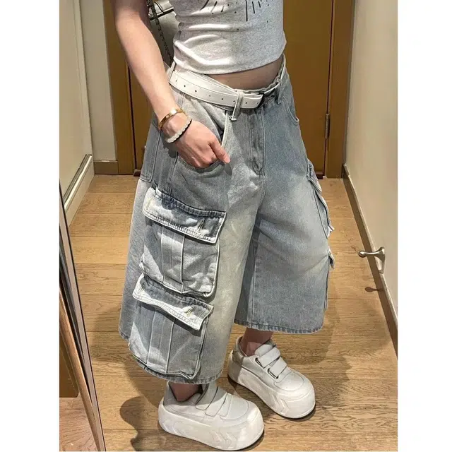 么宁 美式复古水洗做旧多口袋工装设计感阔腿裤牛仔裤 女款