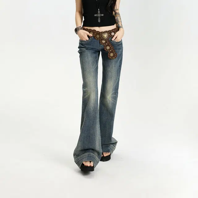 么宁 美式加绒加厚保暖水洗复古微喇叭马蹄裤高腰显高显瘦小个子显腿长甜酷风辣妹牛仔裤 女款