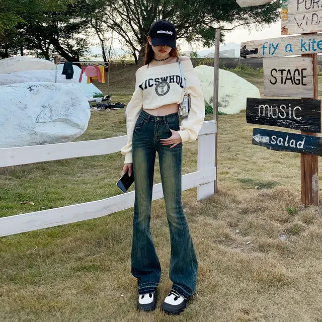 么宁 美式加绒加厚保暖水洗复古刺绣微喇叭马蹄裤高腰显高显瘦小个子显腿长甜酷风辣妹牛仔裤 女款