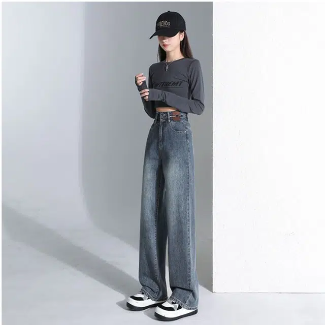 么宁 高腰直筒垂感窄版牛仔裤 男女同款