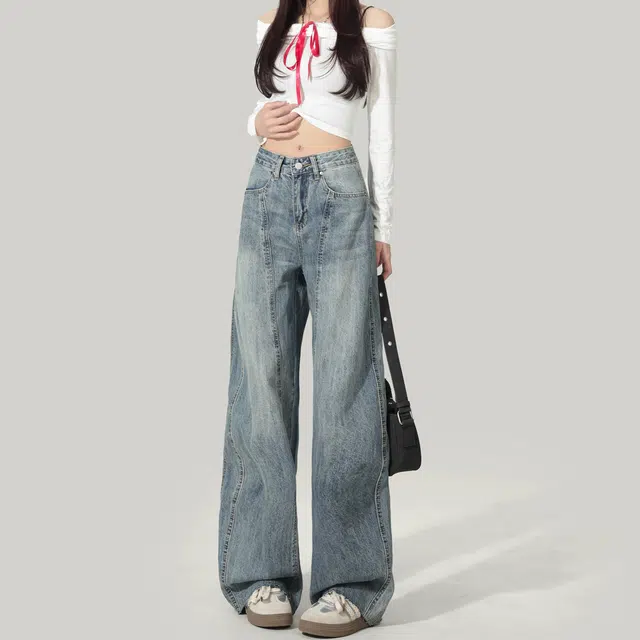 么宁 美式高街复古慵懒感高腰宽松阔腿裤不贴肉遮肉显瘦显腿直直筒百搭镰刀裤牛仔裤 女款