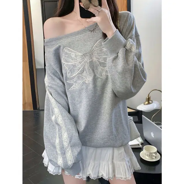 么宁 露肩蝴蝶结设计感蕾丝花边韩系上衣女长袖宽松卫衣 女款