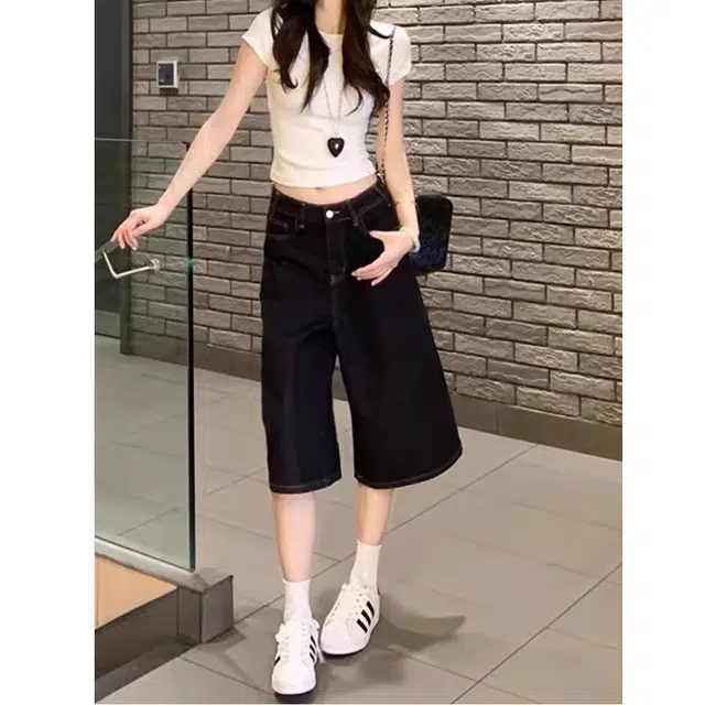 么宁 美式复古阔腿松弛宽松显瘦水洗直筒七分裤子牛仔短裤 女款