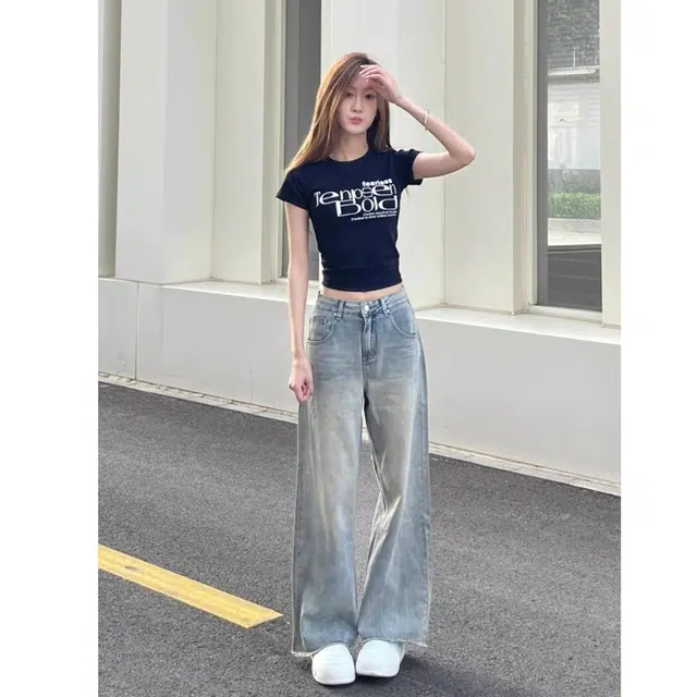 么宁 复古毛边高腰阔腿美式高街宽松显瘦直筒拖地裤子牛仔裤 女款