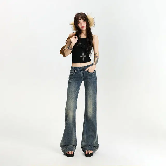 么宁 美式加绒加厚保暖水洗复古微喇叭马蹄裤高腰显高显瘦小个子显腿长甜酷风辣妹牛仔裤 女款