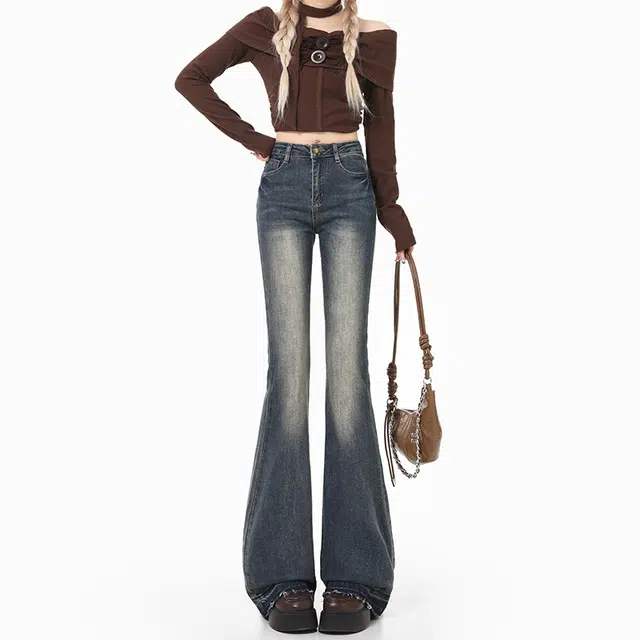 么宁 美式加绒加厚保暖水洗复古微喇叭马蹄裤高腰显高显瘦小个子显腿长修身潮流百搭甜酷风辣妹牛仔裤 女款