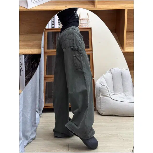 么宁 绿色阔腿工装微喇美式高腰宽松显瘦垂感拖地裤子牛仔裤 女款