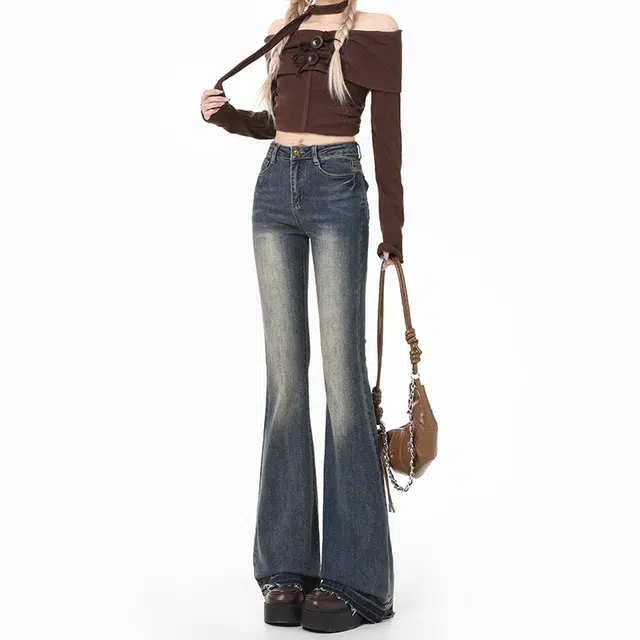 么宁 美式加绒加厚保暖水洗复古微喇叭马蹄裤高腰显高显瘦小个子显腿长修身潮流百搭甜酷风辣妹牛仔裤 女款