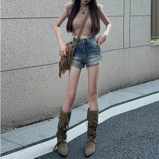 么宁 美式紧身显瘦超短款辣妹热裤子牛仔短裤 女款 复古蓝