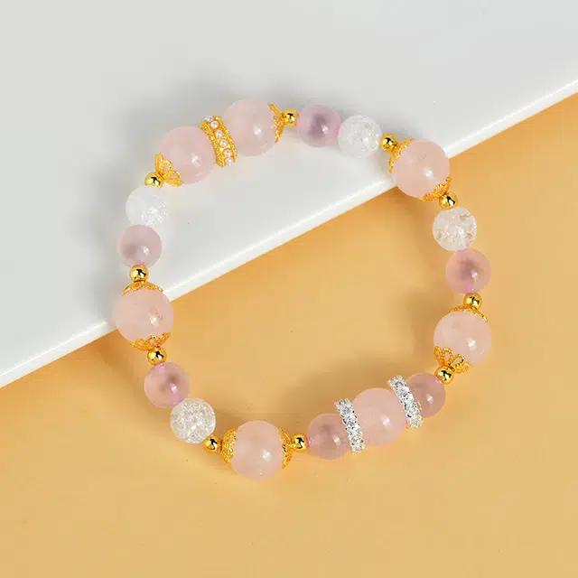 全年红 粉晶糖心半糖爆花晶串珠清新甜美时尚 粉水晶 手串 女款