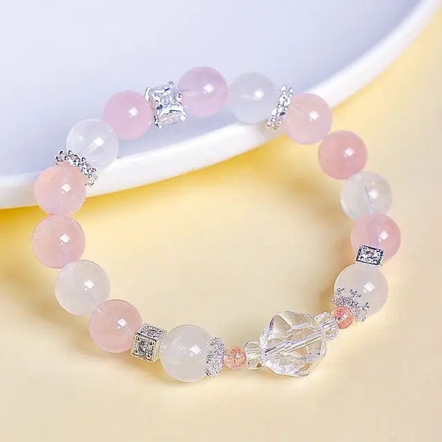 全年红 串珠时尚高级感白幽灵切面白晶#好运 粉水晶 手串 女款