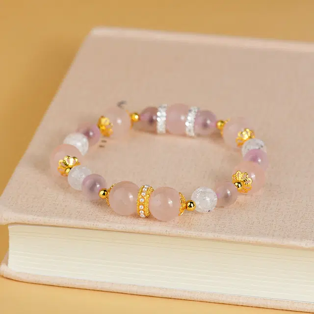 全年红 粉晶糖心半糖爆花晶串珠清新甜美时尚 粉水晶 手串 女款