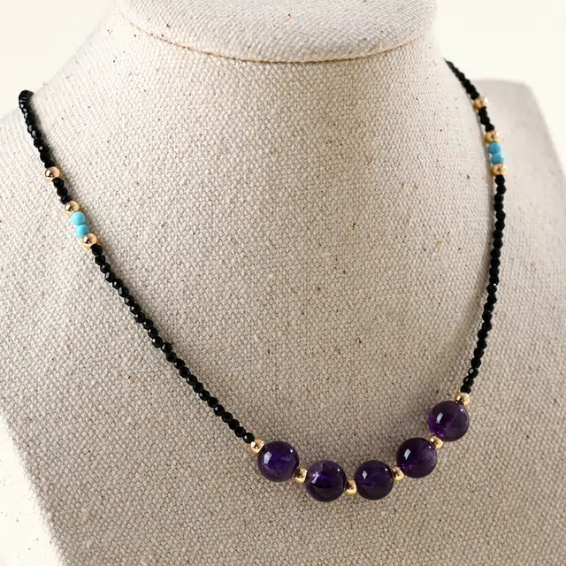 全年红 黑晶紫晶锁骨链可调节设计 紫水晶 项链 女款