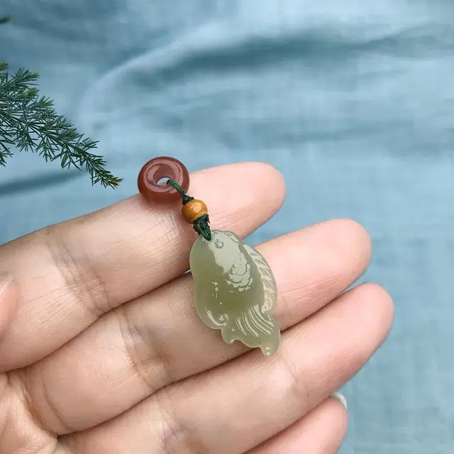 全年红 年年有鱼新中式风美好寓意厚润项链 玉髓 吊坠 男款