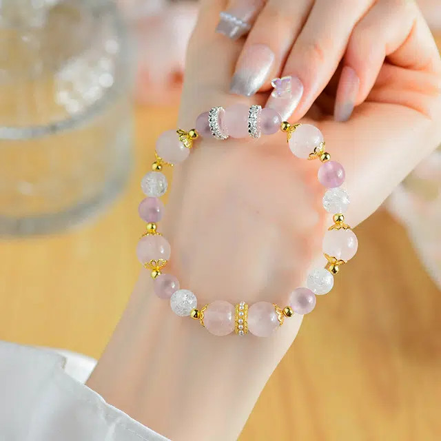 全年红 粉晶糖心半糖爆花晶串珠清新甜美时尚 粉水晶 手串 女款