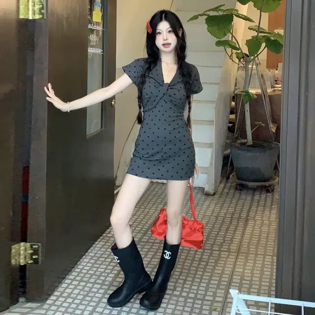 困住大象 韩系休闲舒适波点简约风短袖连衣裙 女款 经典灰色