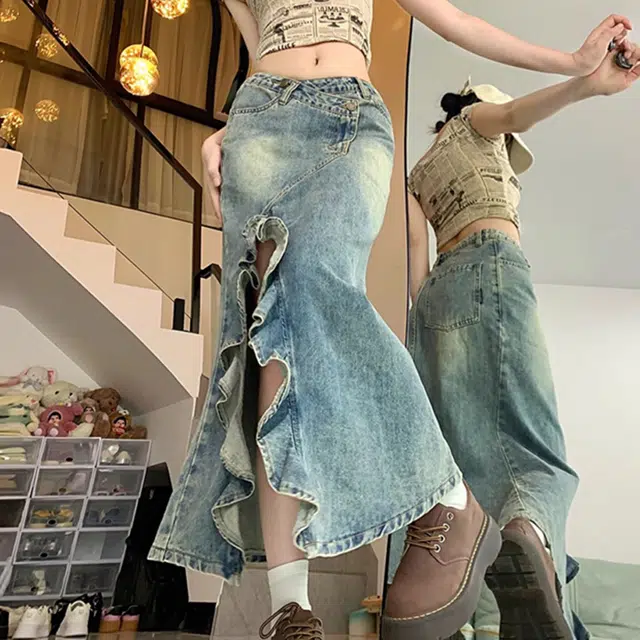 依钗 夏季美式复古高腰开叉波浪鱼尾半身裙潮流百搭牛仔长裙 女款