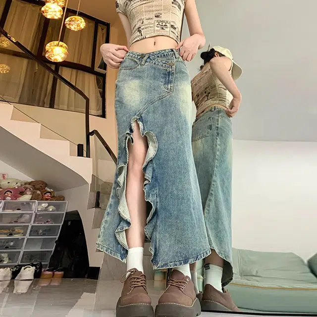 依钗 夏季美式复古高腰开叉波浪鱼尾半身裙潮流百搭牛仔长裙 女款