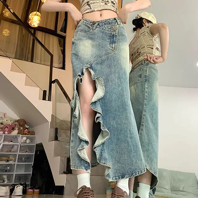 依钗 夏季美式复古高腰开叉波浪鱼尾半身裙潮流百搭牛仔长裙 女款