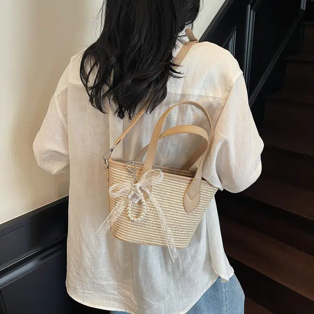 伊曼家 时尚温柔气质单肩托特包 草编 手提包 女款 卡其色/粉色/蓝色/黑色