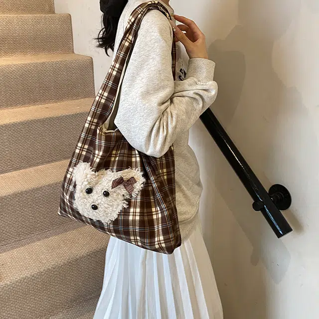 伊曼家 秋冬可爱托特包时尚格子撞色毛绒通勤 尼龙布 单肩包 女款 棕色/红色