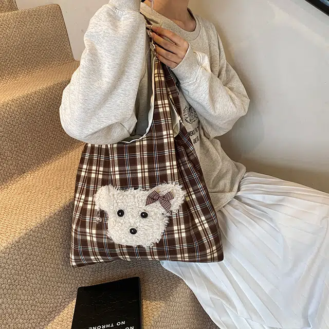 伊曼家 秋冬可爱托特包时尚格子撞色毛绒通勤 尼龙布 单肩包 女款 棕色/红色