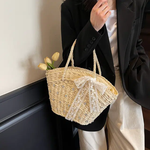 伊曼家 法式温柔风文艺菜篮子包度假风镶钻 草编 手提包 女款 多色